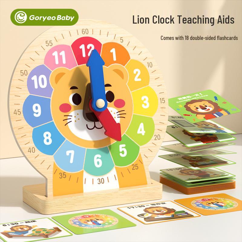 Wooden Lion Time Learning Clock for Kids – Educational Toy for Teaching Time Recognition in Primary School.