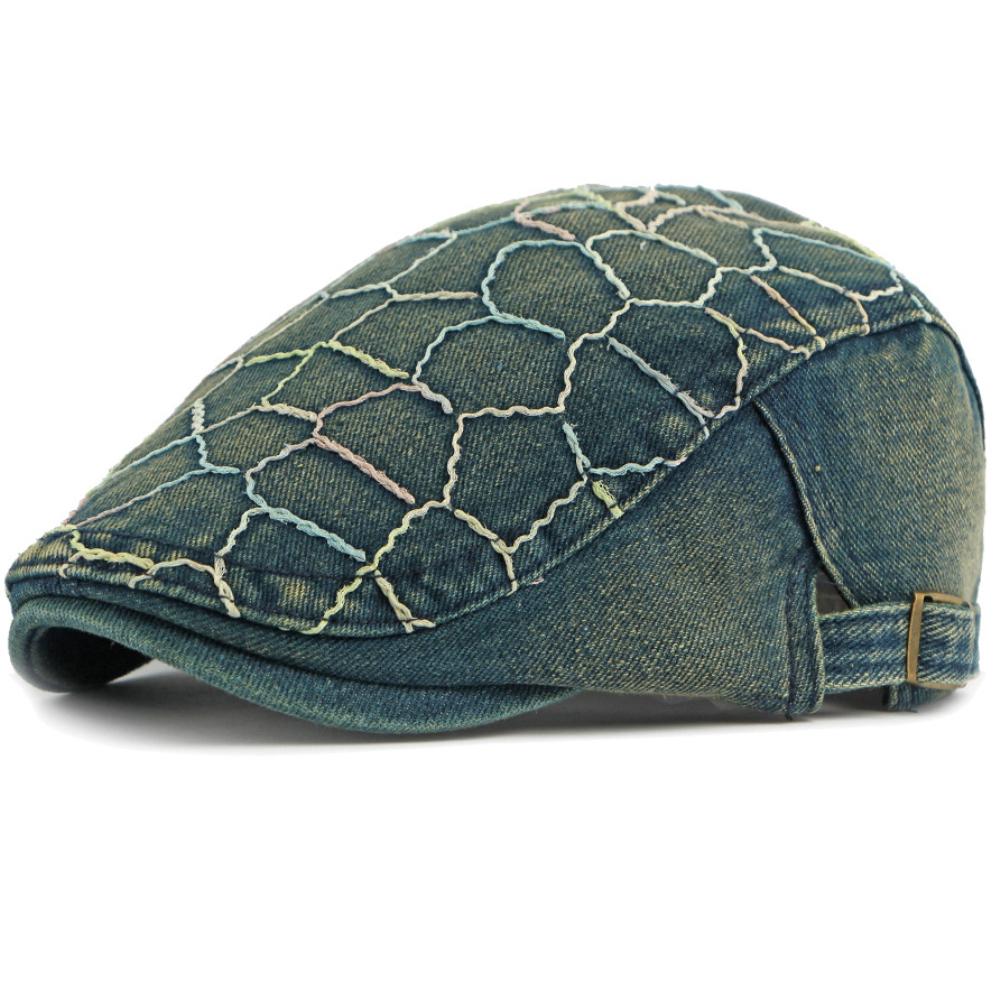 

HT5071 Mens Berets Women Retro Artist Painter Embroidery Beret Hat Male Female Ivy Flat Cap High Quality Cotton Denim Beret Cap 55-59cm Adjustable темно-синього кольору