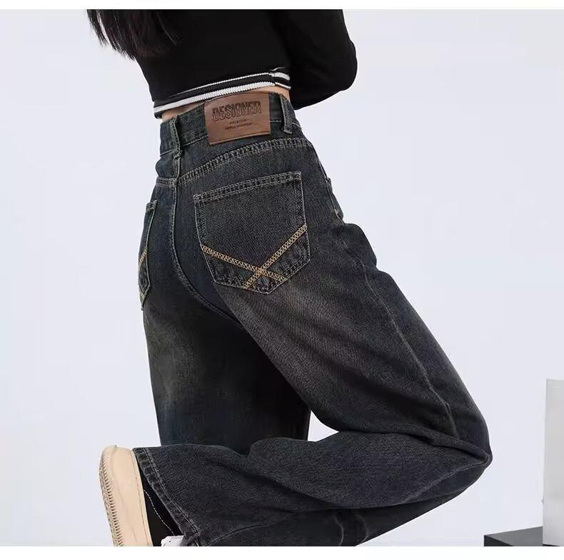 Women's Plus Size Dark Washed Wide-Leg Jeans with Zipper - Retro Style for Spring and Autumn