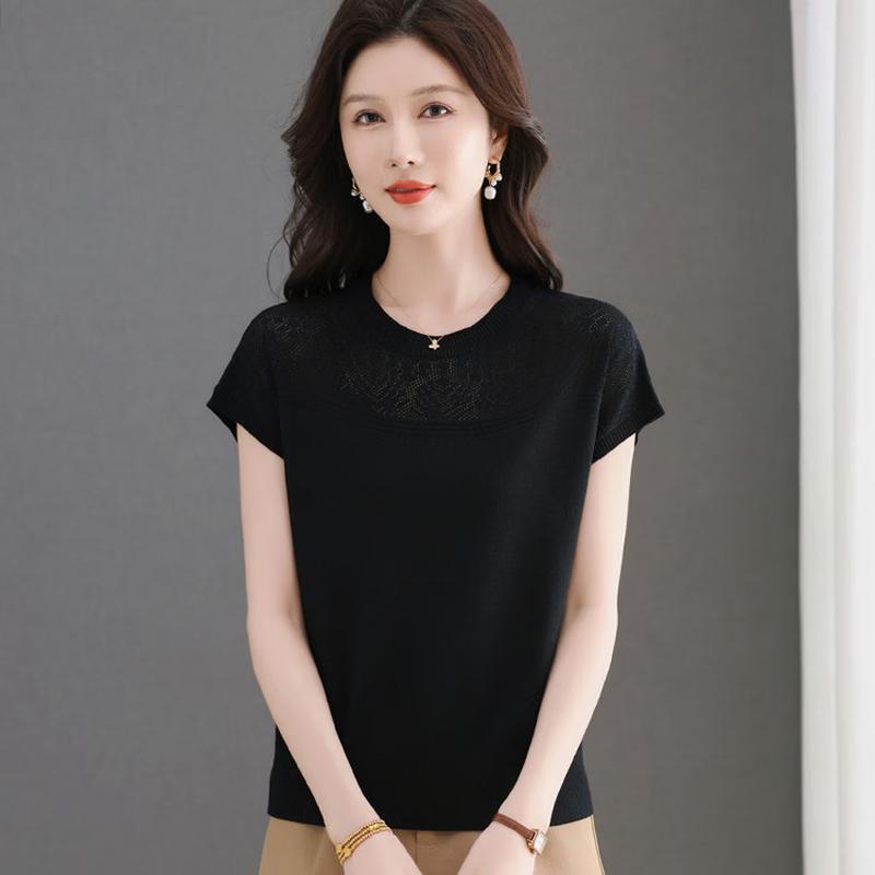 

Women s Elegant Hollow Lace Knit Short-Sleeve T-shirt XL
