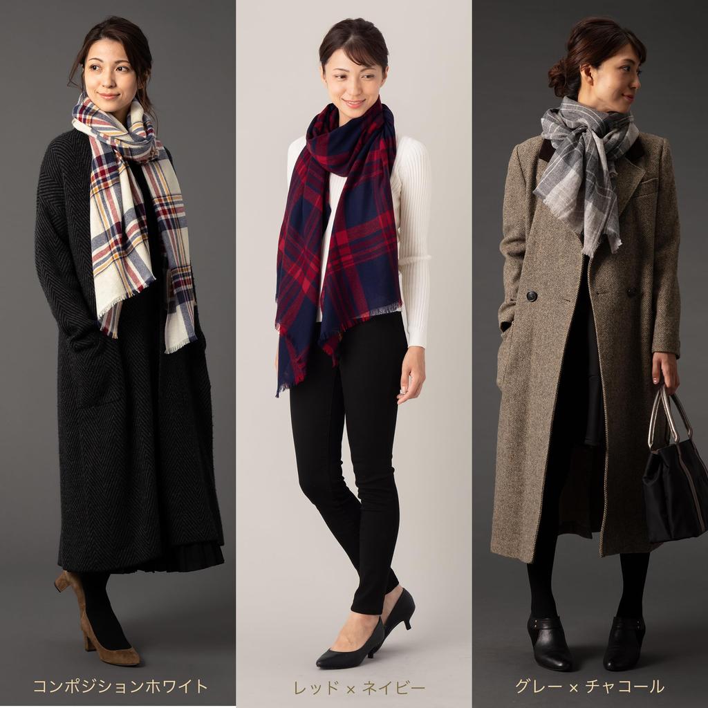 Cashmere Large Check Stole In Gift Camel and 70x200cm [Pashmina Collection] 100% Box, Navy,