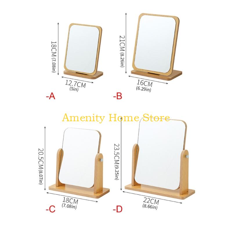 F26C Elegant Desk Makeup Mirror Cosmetic Mirror with Wooden Stand Vanity Mirror Rotatable Makeup Mirror Dormitory Room Decors