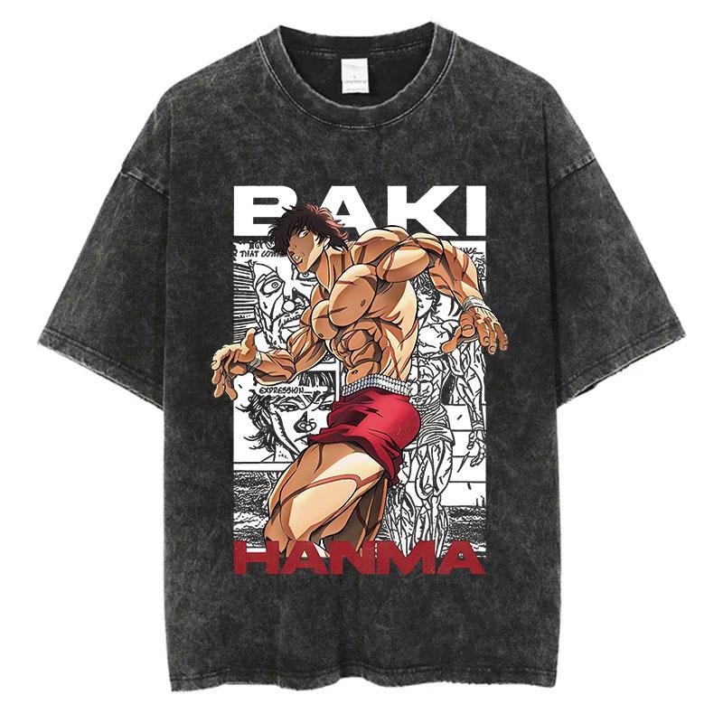 Anime Baki Washed Tshirt Harajuku Summer Cotton Short Sleeve Oversize Tees Vintage Streetwear Baki Hanma Print T-Shirt