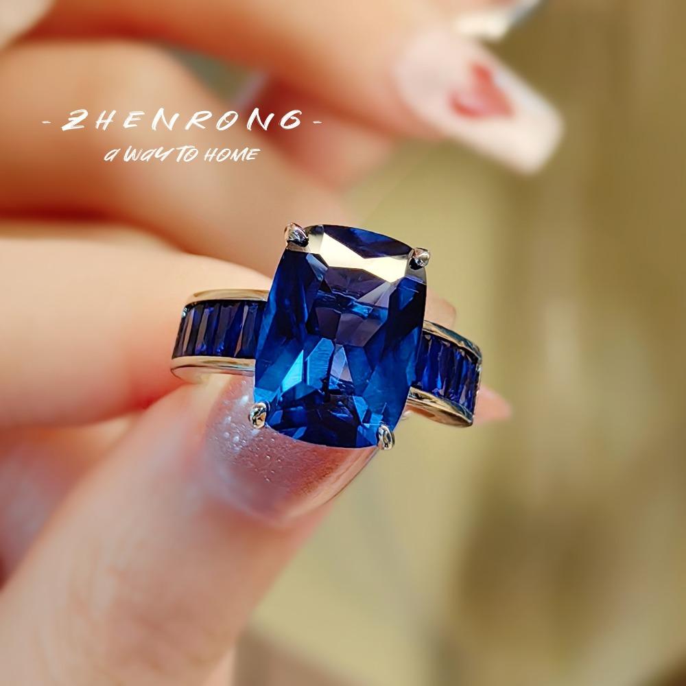 Vintage Open Ring Fat Rectangle Red Corundum Gradient High Carbon Blue Spinel Womens Jewelry