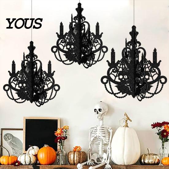 Vintage Style Hanging Decor 3D Candlestick Chandelier Ceiling Ornament, Gothic Halloween Glitter Indoor Atmosphere Decoration for Holiday Party,