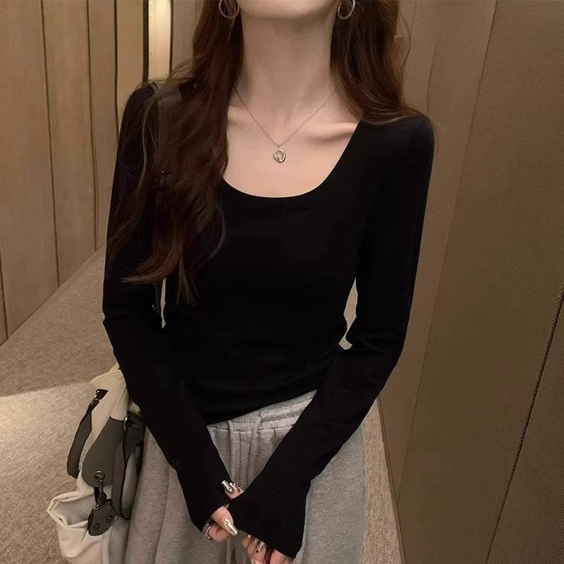 Small Short Sweet and Spicy Style U-neck Slim and Thin Long-sleeved T-shirt Women's Autumn Solid Color Versatile Bottoming Top
