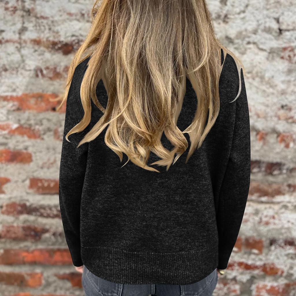 Ladies' Casual Stand Up Collar Knitted Sweater, Solid Color Button Casual Loose Sweater