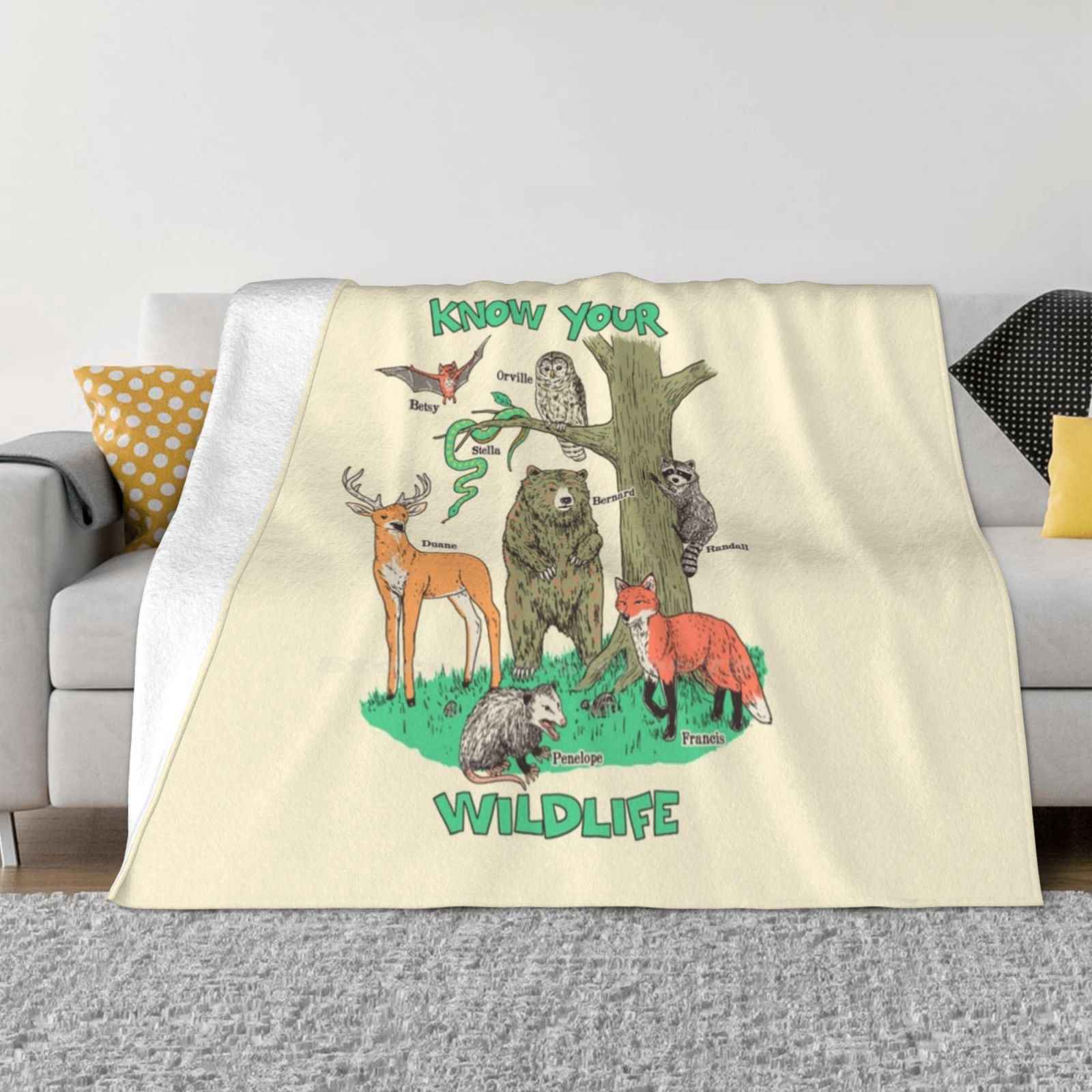 Know Your Wildlife Creative Design Comfortable Warm Flannel Blanket Animals Nature Wildlife Bear Opossum Raccoon Deer Snake Fox 30x40in