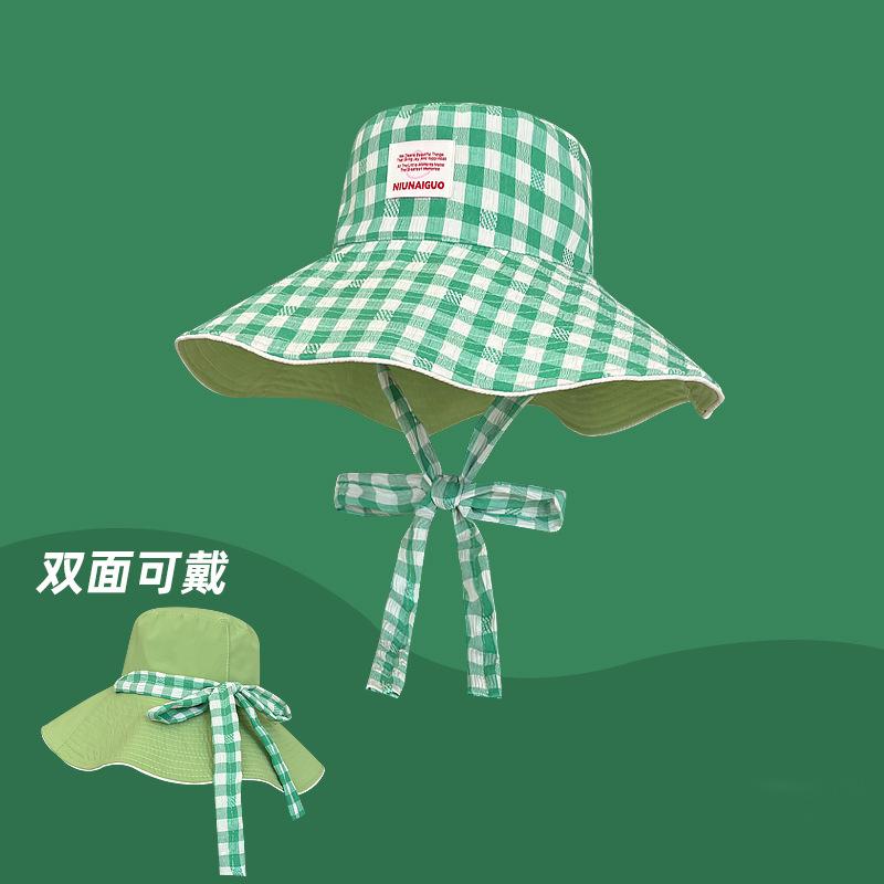 Double-sided Plaid Fisherman's Hat Children's Summer Thin UV-proof Foldable Large Brim Sunshade Sun Hat