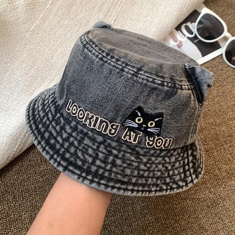 Sweet and Cute Cat Ear Denim Bucket Hat Autumn and Winter Hat Women's Embroidery Basin Hat Versatile Face Bucket Hat