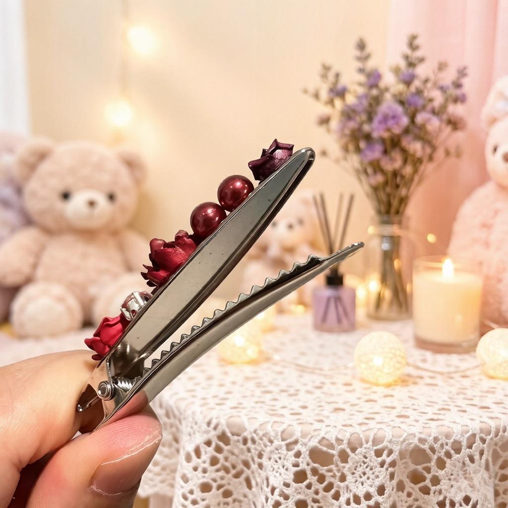 Korean Style Pearl Rose 3D Flower Duckbill Hair Clip