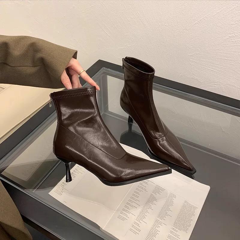 

Роскошные женские ботильоны весна-осень, модные женские короткие ботильоны с острым носком, элегантные женские ботинки на тонком высоком каблуке 36 коричневый