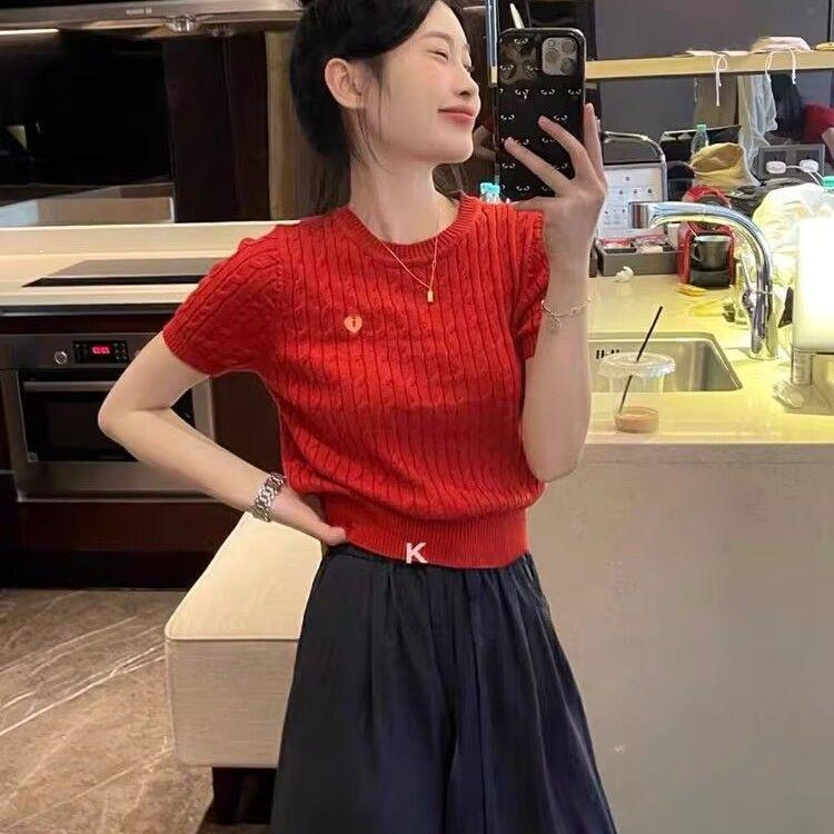2025 Ice Silk Embroidered Knit Short Sleeve Straight Shoulder Women's Petite Summer Top