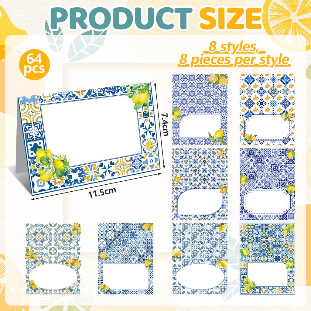 Capri Lemon Place Cards Blue Tile Table Name Labels Yellow Lemon Tent Cards Food Label For Wedding Bridal Shower Table Setting