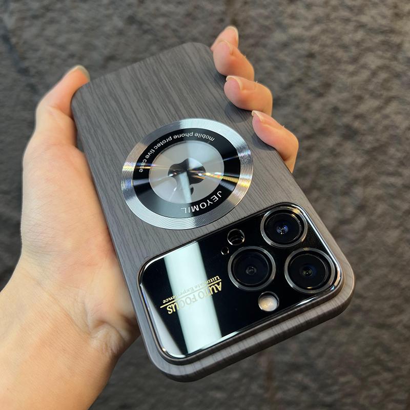 Wood Grain Large Window Magnetic for Magsafe Wireless Charge Case For iPhone 16 15 14 13 11 12 Pro Max Camera Protection Cover