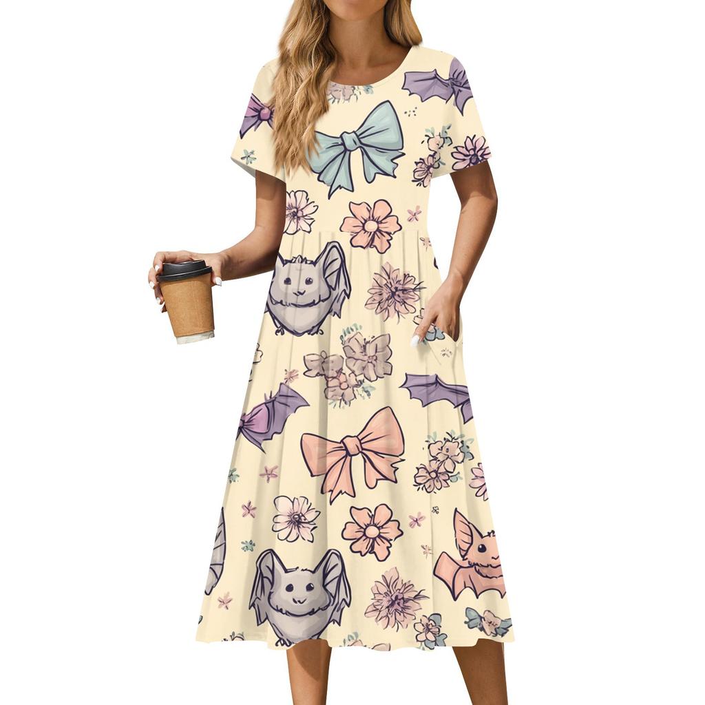 Women's Casual Fashion Halloween Printed Short Sleeve Round Neck Dress