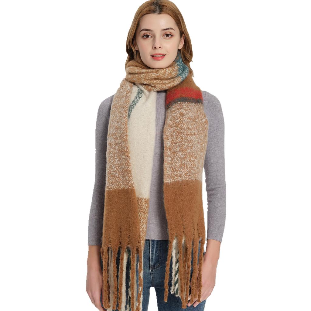 Best-selling winter new model in Europe and America, thickened loop yarn imitation mohair, color-blocked plaid scarf shawl