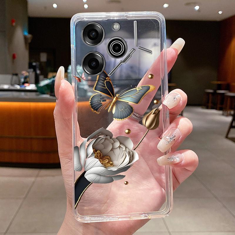 Phone Case For Tecno Pova 6 Pro 5G LI9 Case Tecno Pova 6 5G LI7 Back Cover Luxury Butterfly Flowers Transparent Soft TPU Casing