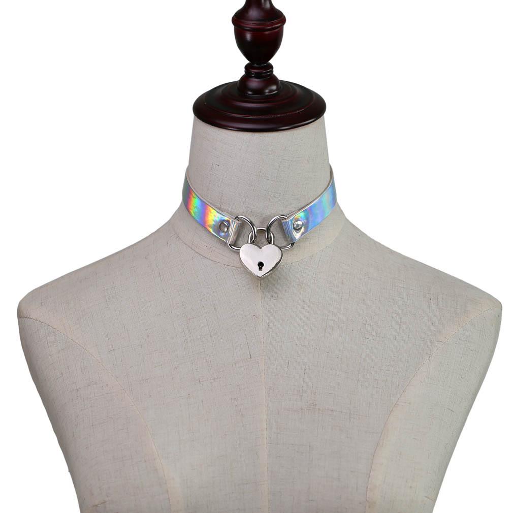 Laser Glow Heart Lock Choker, Punk Luminous Concentric Heart Lock Neckband