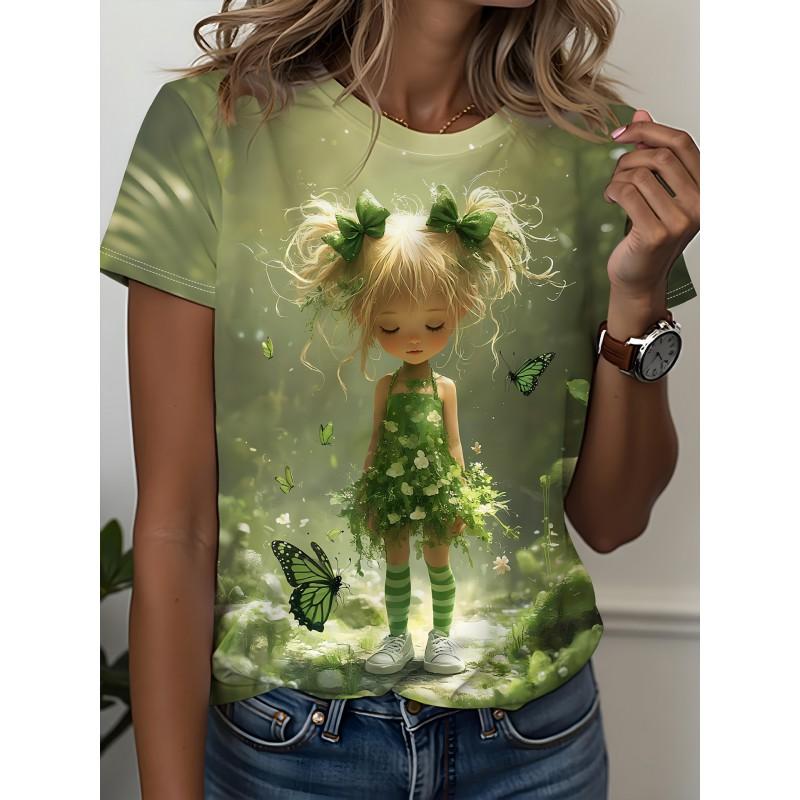 Womens Slim Fit Short Sleeve T-Shirt With 3D Cartoon Animal Print Digital Printing Casual Top
