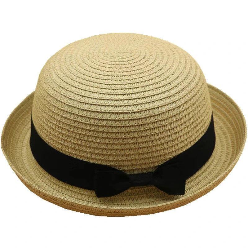 Fundă rotundă Pălărie de paie cu margine rulată Călărie de femeie pe plajă Protecție solară Pălărie de top pentru copii Pălărie cool de primăvară și vară