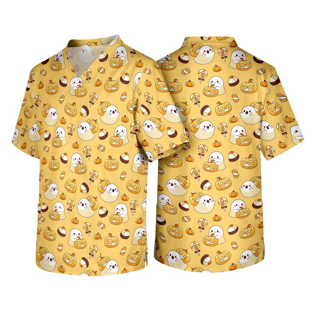 Men's V Neck Halloween Print Pocket Scrub Top Short Sleeve Medical Workwear Uniform Shirt for Healthcare Professionals