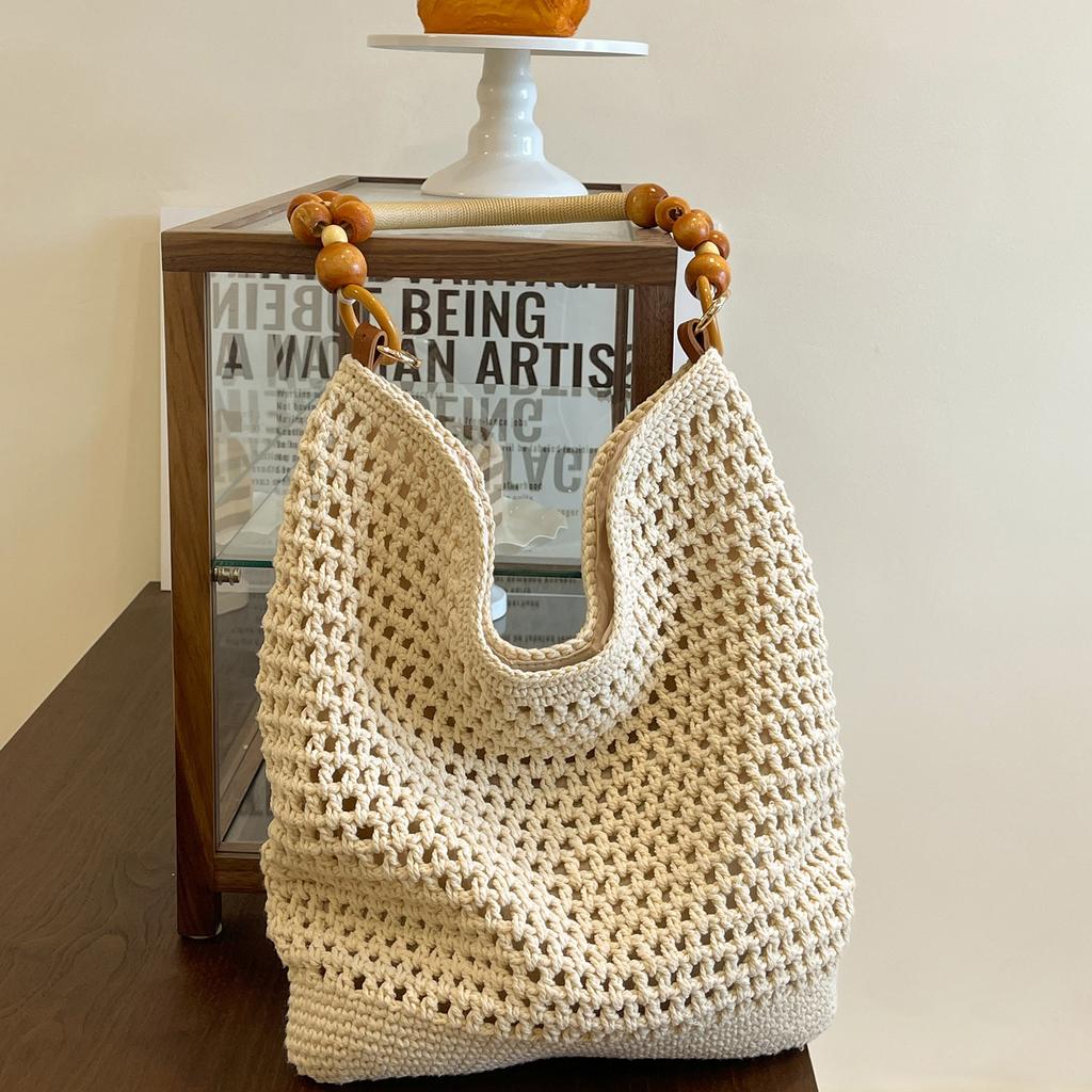 Casual Large-capacity Cotton Thread Woven Bag Women's New Hollow Hand-woven One-shoulder Vacation Beach Versatile Women's Bag