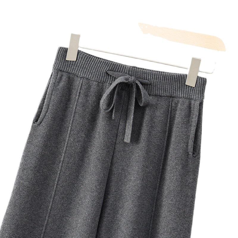 New White Wide-Leg Knitted Pants with Drawstring - Loose, Thickened, Plus Size for Autumn & Winter Casual Wear