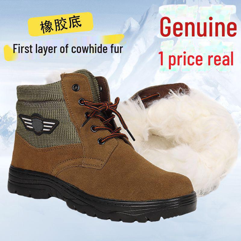 Men's Thick Fur-Lined Cowhide Winter Snow Boots with Steel Toe