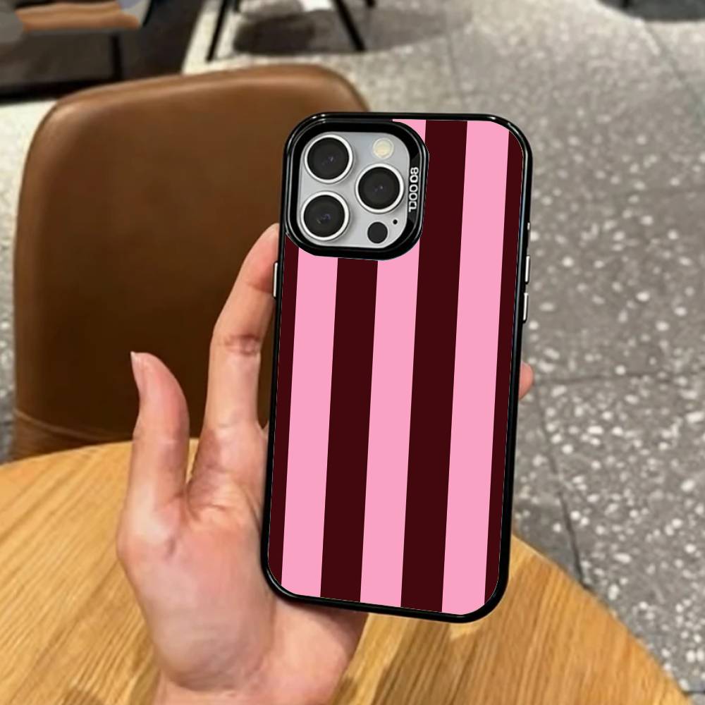 B-Burgundy White Stripe    Phone Case For iPhone17,16,15,14,13,12,11 Plus,Pro Max Colored Silver Plated Inside Cover