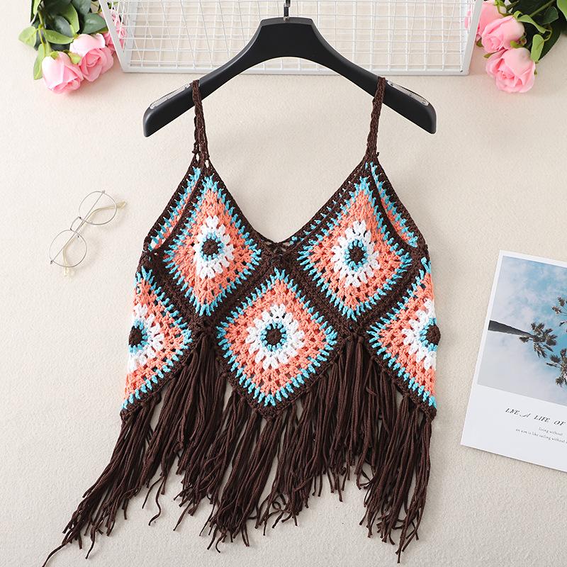 Summer Women's Camisole Ethnic Style Halter Pure Handmade Crochet Top Halter Bohemian Tassel Travel Holiday Vest