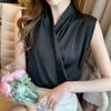 Wrap V-Neck Sleeveless Slim Fit Women Top Solid Color Satin Blouse