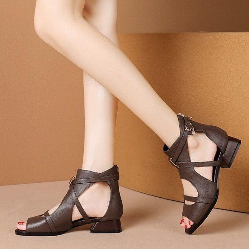 Black Pu Leather Low-Heeled Women Sandals Summer Peep Toe Hollow Comfor Designer Shoes Retro Non-Slip Casual Roman Office Shoes