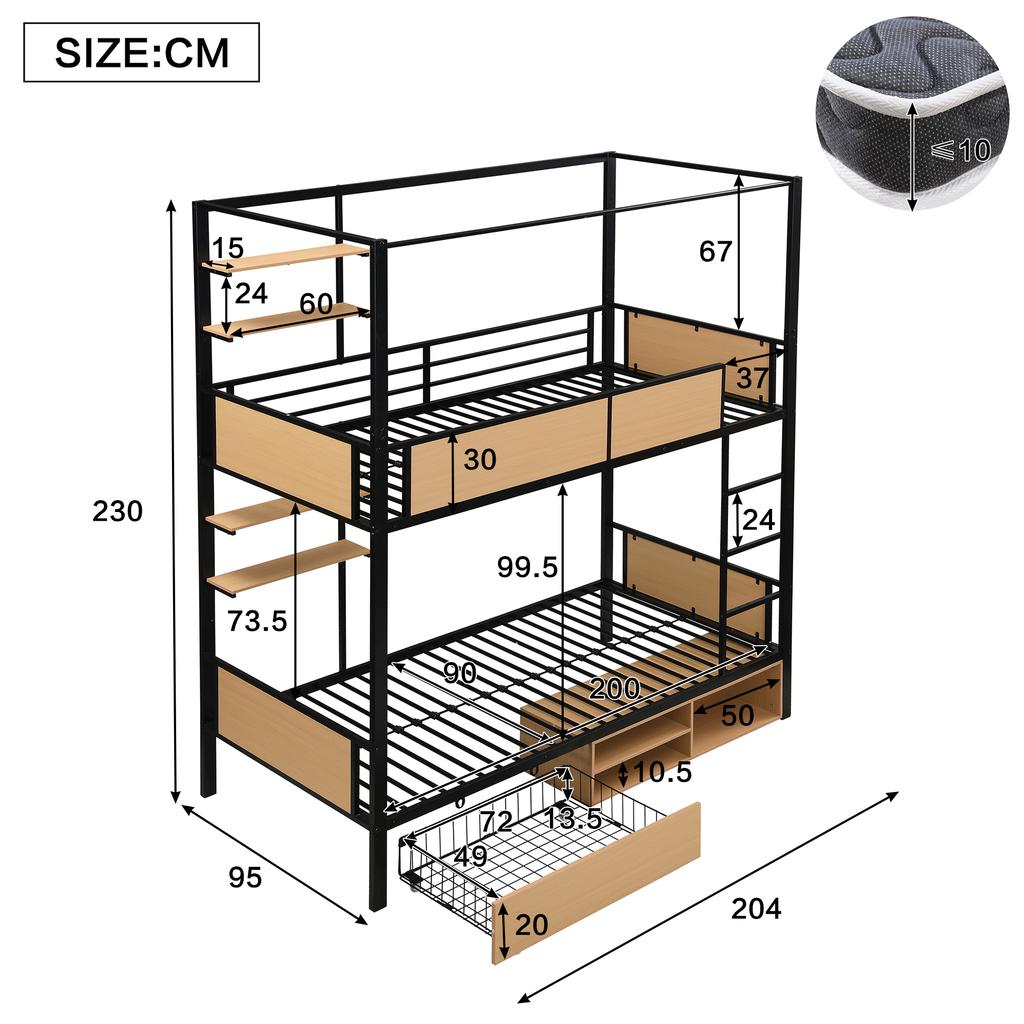 Bunk Bed, Iron + MDF, Double Shelf Board On the Side, Storage Space Under Bed, Bed Curtain Can Be Attached To Upper Bed, Black + Natural, 90x200cm