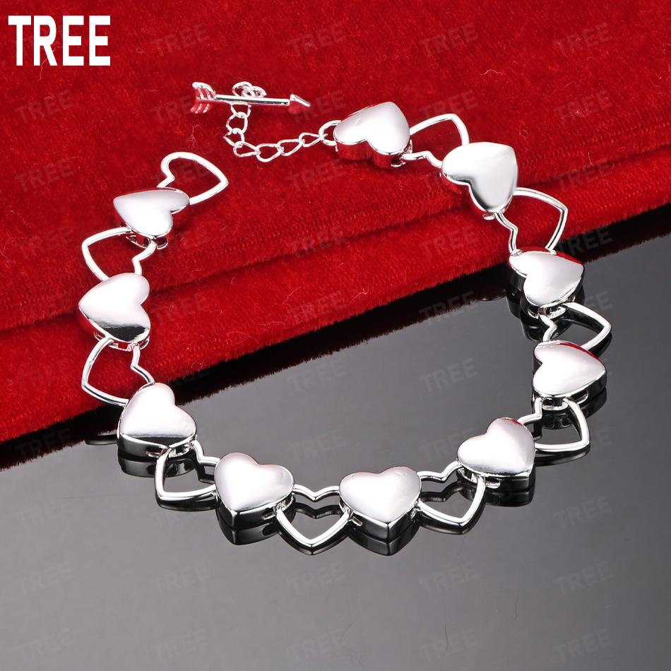 925 Sterling Silver Hollow Out Solid Double Heart Bracelet - Fashion Gift Jewelry 20cm