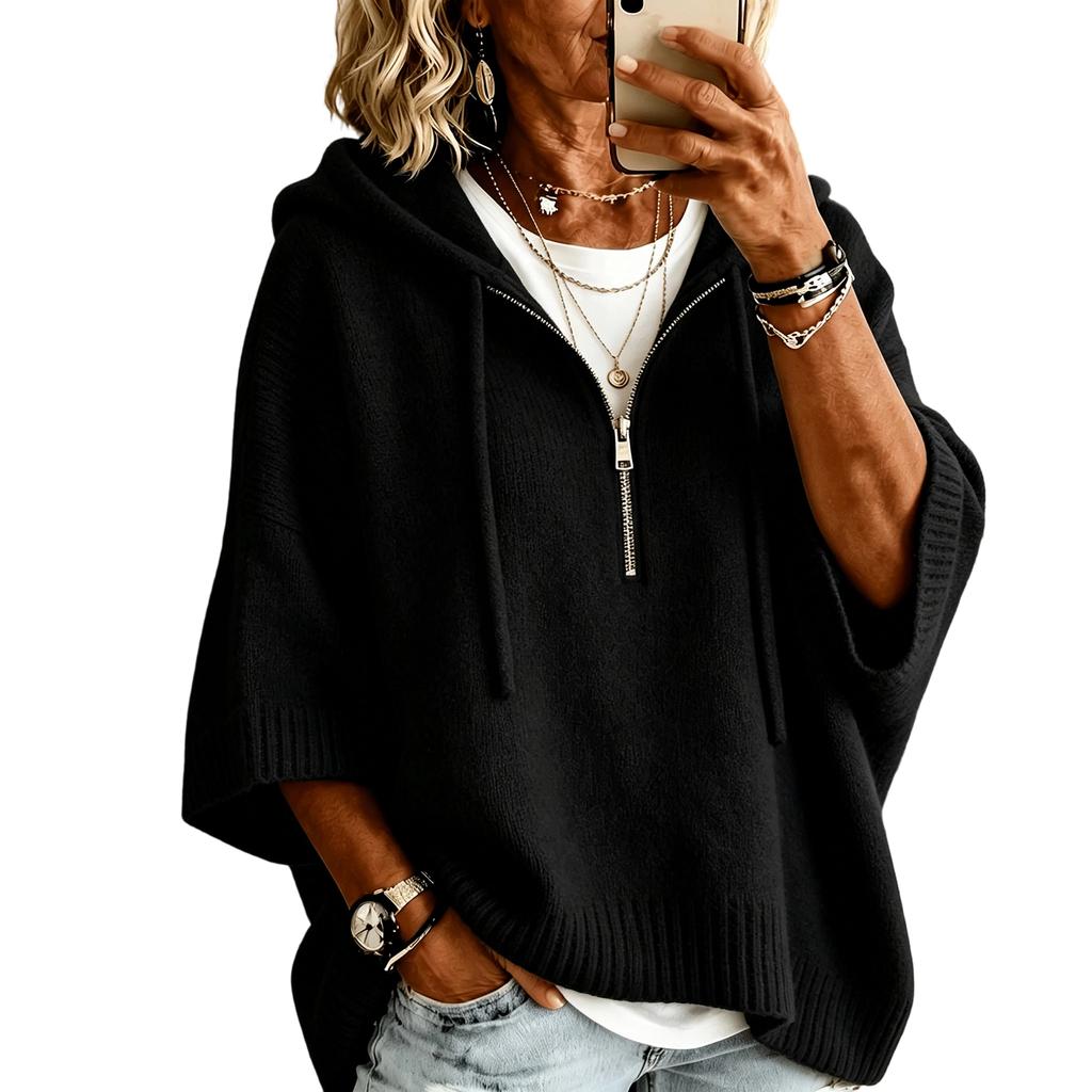 Women's Color Knit Hoodie with Drawstring Hood Pullover