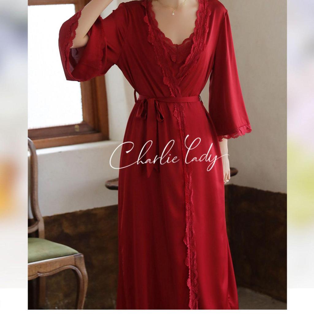 Ice Silk Long Sleeve Extra Long Robe with Chest Pad & Camisole Nightdress for Women