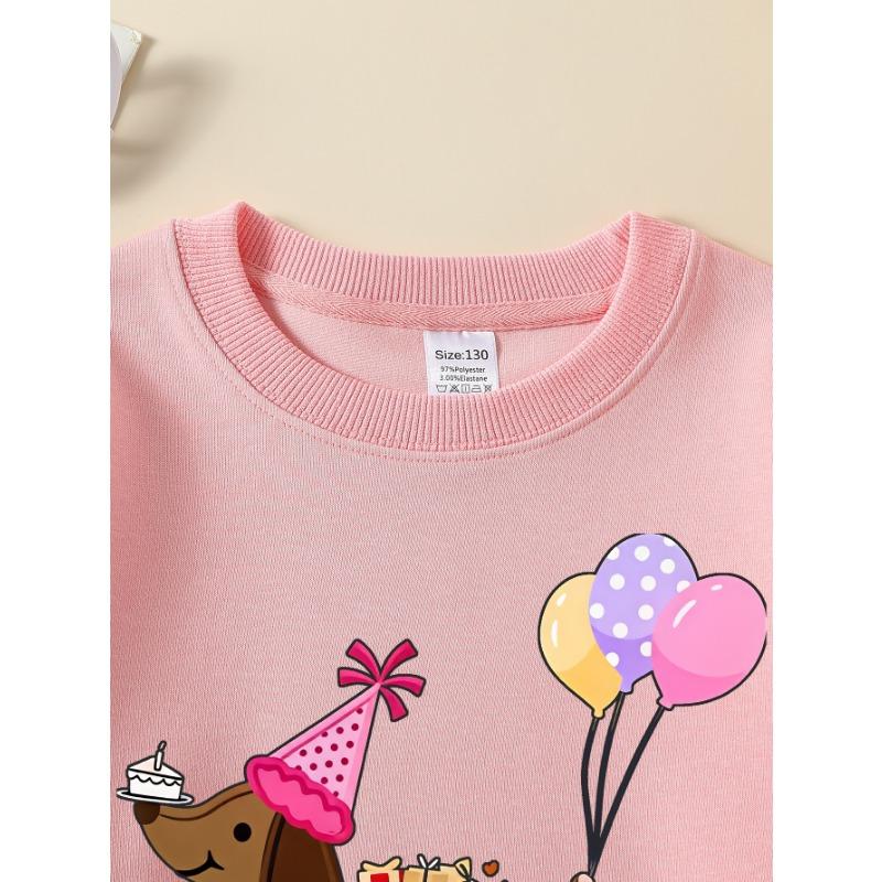 European Sizes Girls' Long-Sleeve Round Neck Sweatshirt "Birthday Dog" Print, Spring/Autumn, Casual, Daily & Sports.