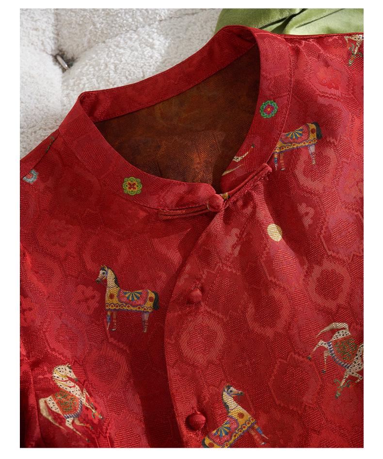 Golden Saddle Embroidered Stand Collar Shirt with Frog Button - New Chinese Style Long Sleeve Top (2026 Design)