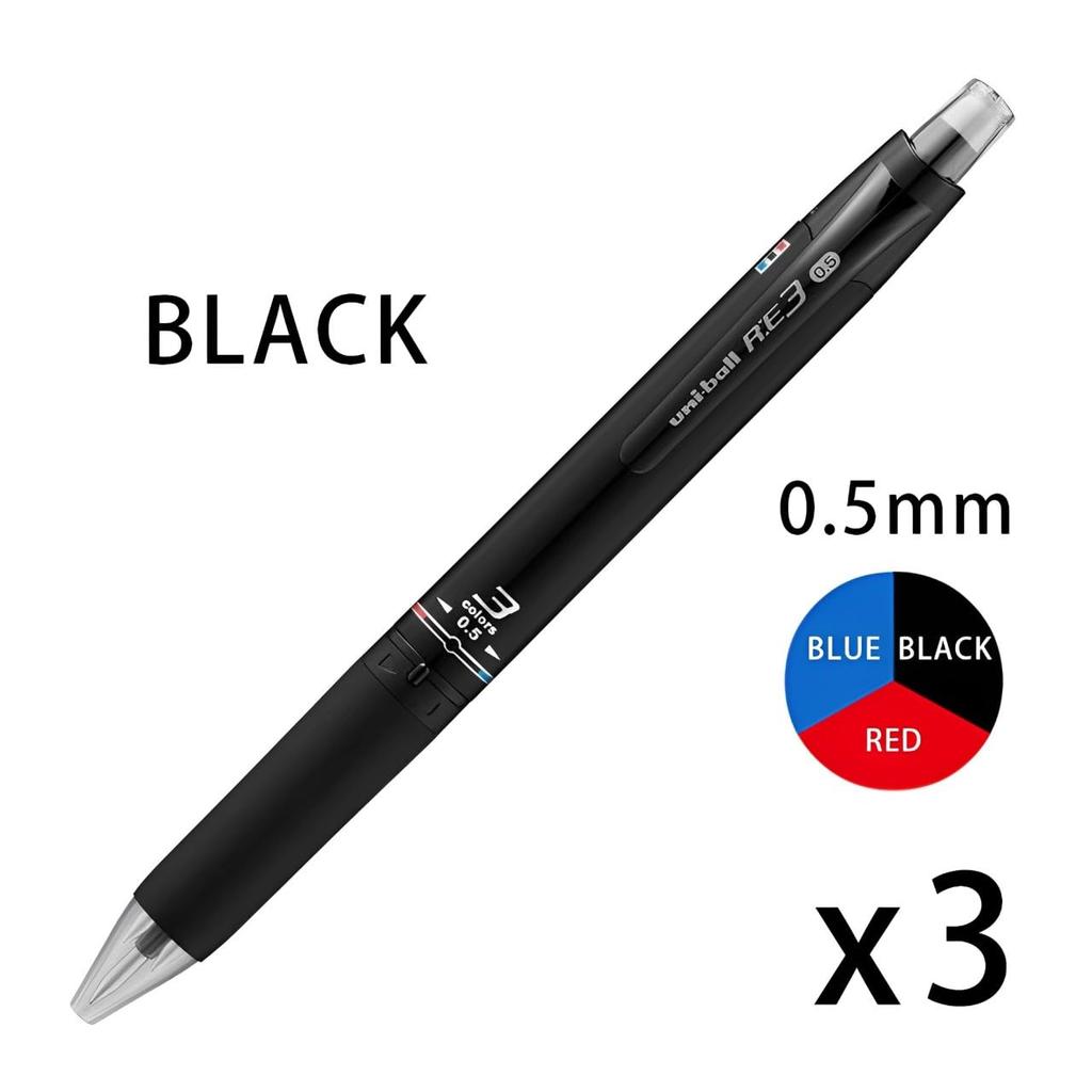 Mitsubishi Pencil Erasable Ballpoint RE3 3 Tri-Color Pen, Uni-ball 0.5, Black, URE350005.24 (x pens)