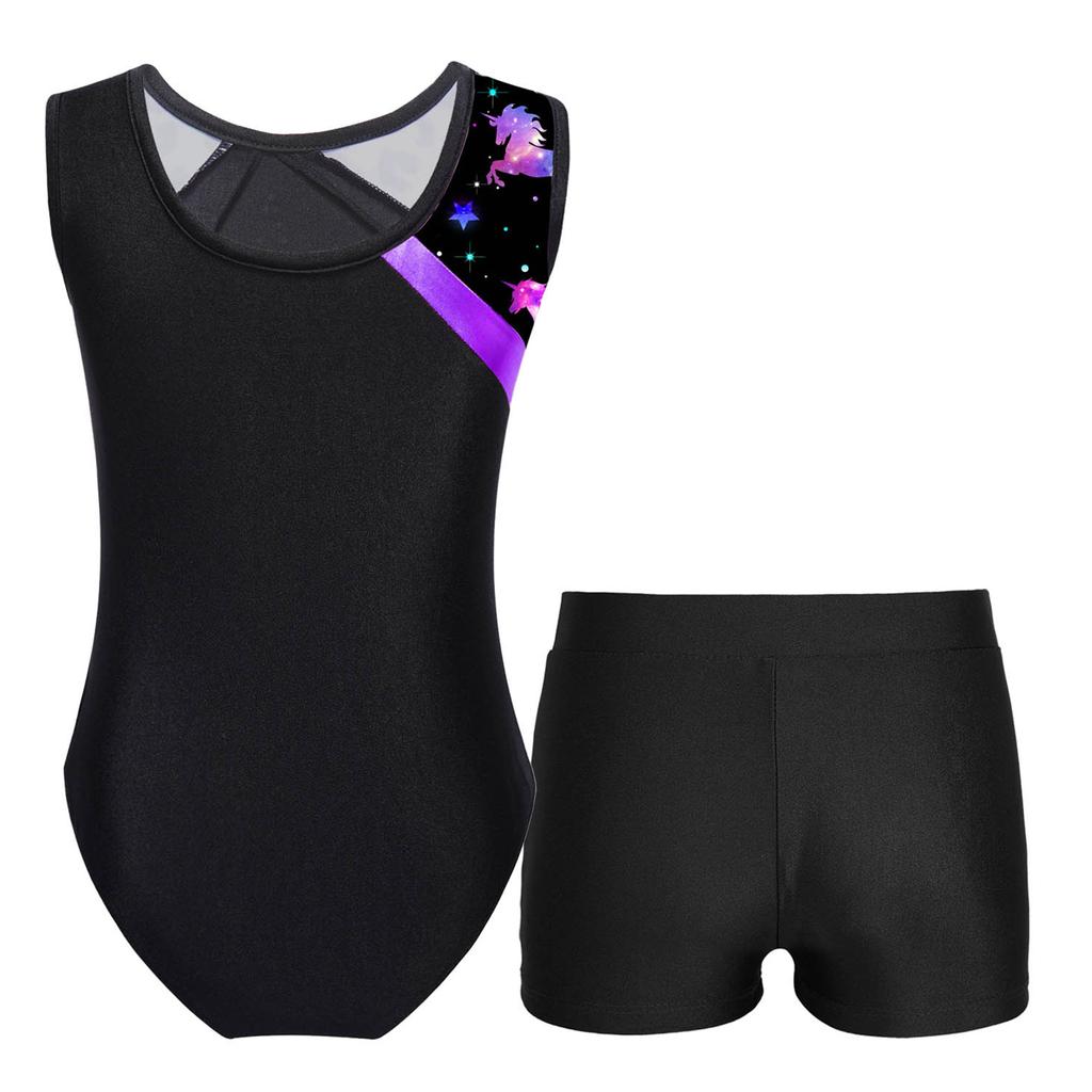 Maillot de ballet sans manches patchwork imprimé pour fille, short avec ceinture en V à la taille, tenue de danse et de gymnastique