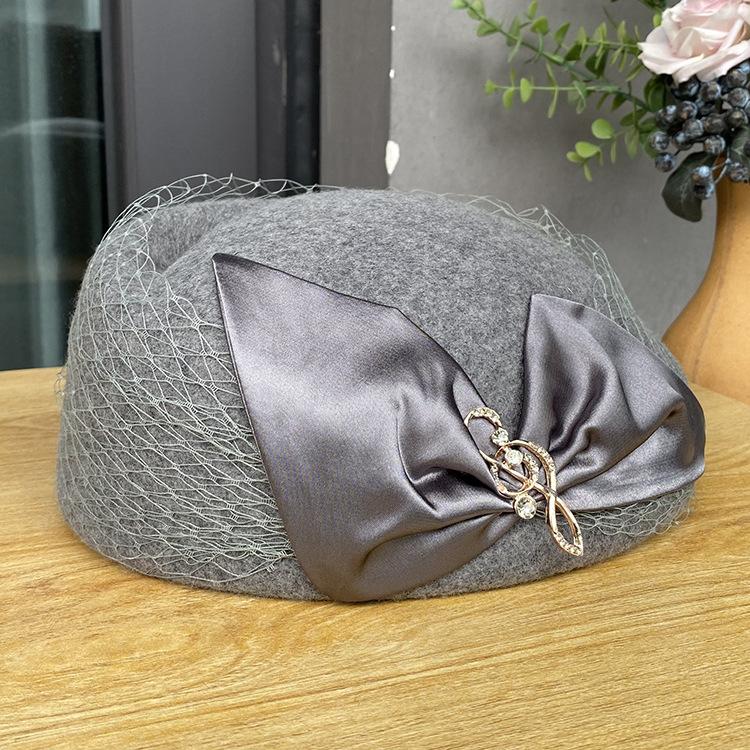 Damski wełniany kapelusz stylizacyjny, nowy brytyjski retro top hat z satynową kokardą, jesienno-zimowy kapelusz bud dla stewardessy
