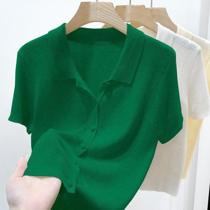 French Thin Polo Collar Sweater for Women in Summer, Slim Short-sleeved and Versatile Short Cardigan Top for Little People