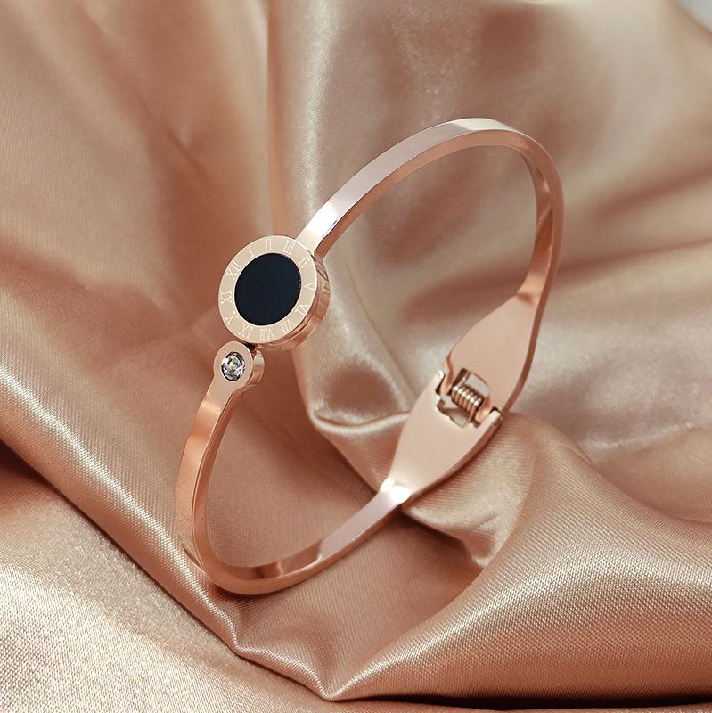 

18k Rose Gold Open Bangle Bracelet with Black Shell and Roman Numerals, Women s Non-Fading Titanium Steel Jewelry, Korean Style.