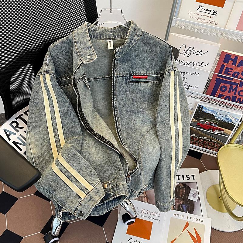 

Мужская винтажная джинсовая куртка с воротником-стойкой и эффектом потертости - Повседневная оверсайз уличная одежда на весну и осень XL синий