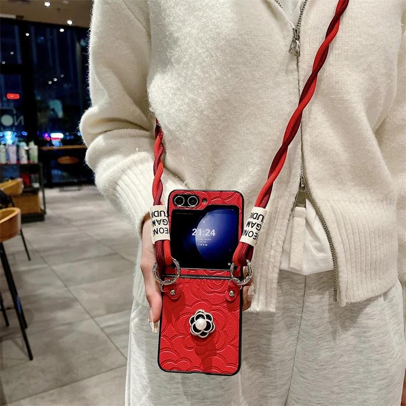 Crossbody Leather Flower Phone Case for Samsung Galaxy Z Flip 6 5 4 3 Flip6 Flip5 Flip4 Flip3 5G Hard Shell Shockproof Cover