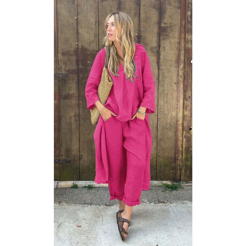 Spring New Plus Size 2 Pieces Set Women Cotton Linen Shirt + High Waist Loose Long Pants Outfit