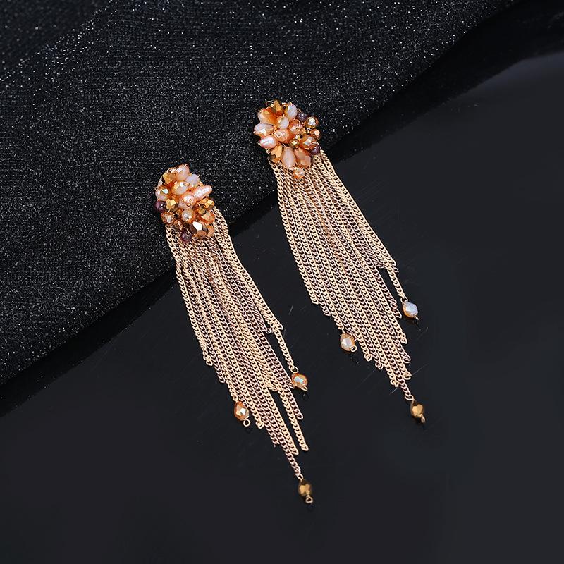 Retro exquisite light luxury bohemian crystal fringed stud earrings female simple temperament long personalized earrings ear jewelry