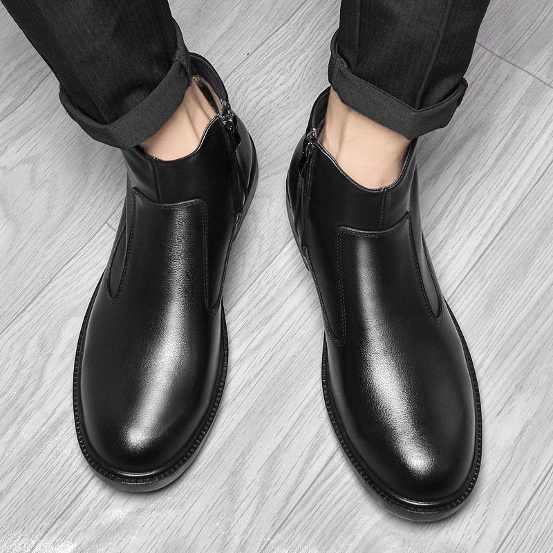 Men's Genuine Leather High-Top Boots with Side Zip and Plus Velvet Lining: Autumn/Winter Fashion Slip-On Shoes