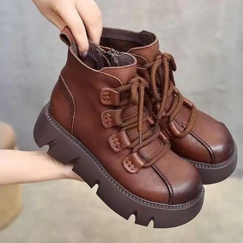 Damer Retro Läderstövlar Snörning Casual Plattform Höga Klackar Sida Dragkedja Rund Tå Bekväma Halkfria Plyschskor